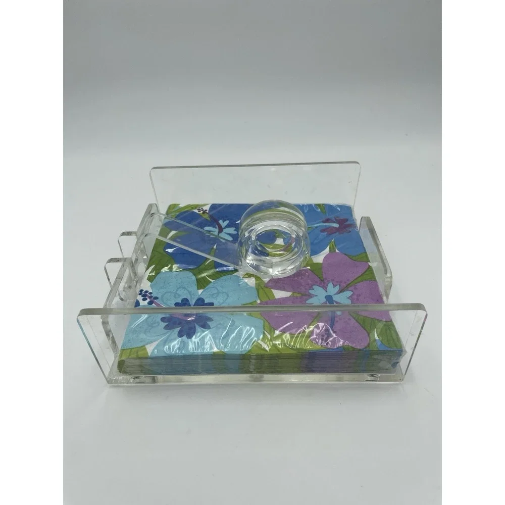 Vintage Acrylic Clear Lucite Luncheon Size Napkin Holder  Wind Catcher & Napkins